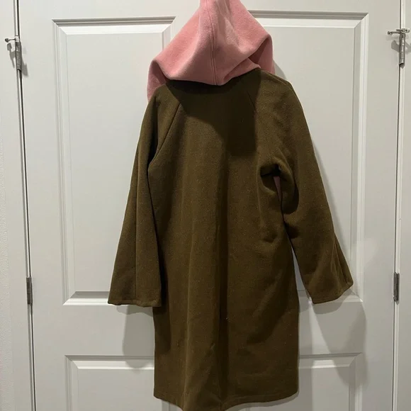 Handmade New Look Pink Hooded Striped Wool-Blend Cape Coat with Olive Sleeves - Picture 2 of 8